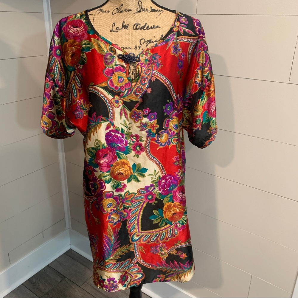 Adonna Vintage Paisley Flora Brightly Colored Satin Night Shiirt Tuniic